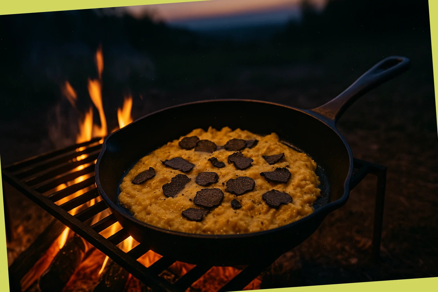 Campfire pan with simple truffle scramble at dusk