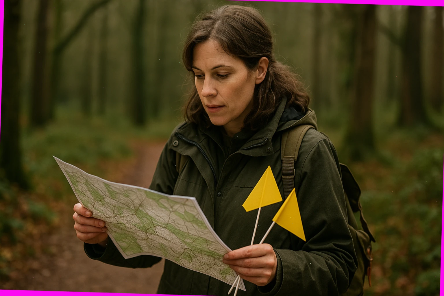 Lead forager Anna Mayes with map and marker flags