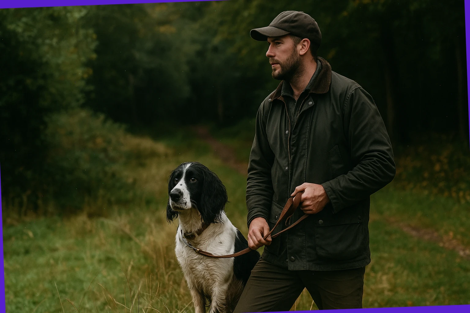 Dog handler Luke Fen with spaniel at the woodland edge