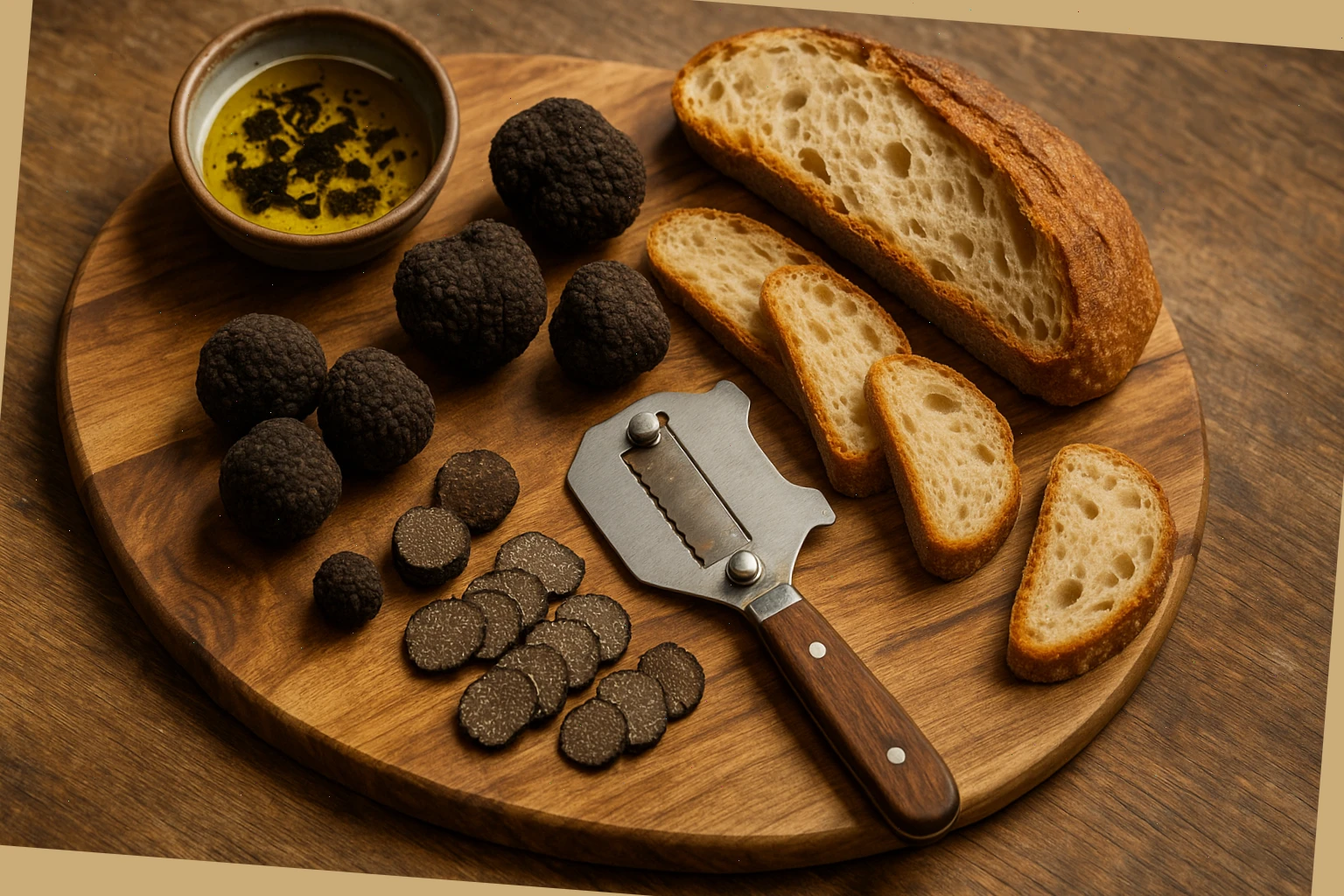 Seasonal truffle tasting board with local bread and oil