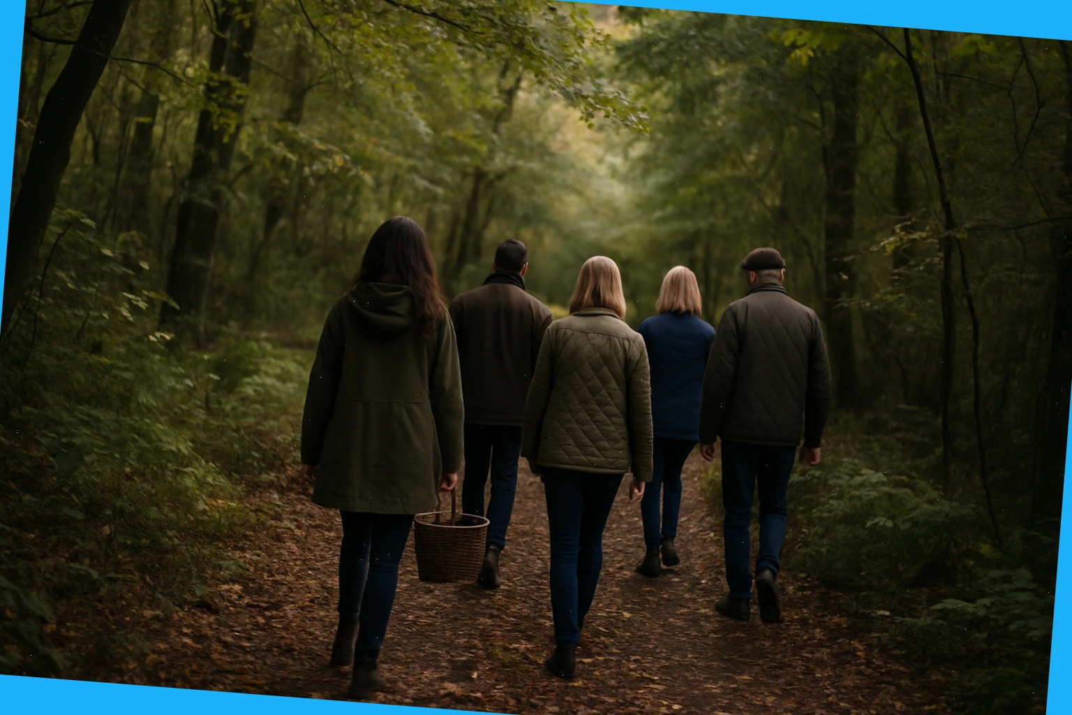 Small group following a woodland path for a truffle forage